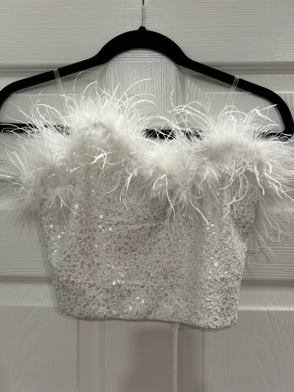 Windsor White Feather Trim Sequin Crop Top